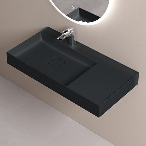 doporro Lavabo da Appoggio Rettangolare Lavabo Bagno Sospeso incl. Set di Scarico e Foro per Rubinetto Lavandino Bagno in Resina Minerale 100x46x12cm Antracite Opaco Colossum630
