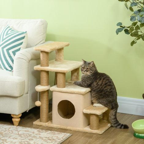 Escalier pour animaux, griffoir, 4 marches, balle de jeu, maisonnette, hauteur réglable, 60 x 40 x 66 cm, beige (1/5)