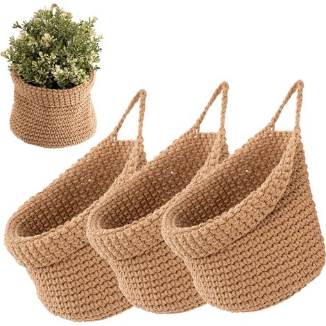 Paniers de rangement muraux multifonctions tressés à la main, paniers de rangement suspendus marrons, modèle lot de trois pièces (1/5)