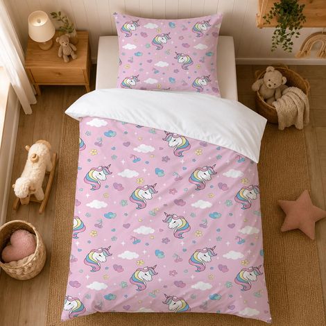 Parure de lit pour enfant fille - 135 x 200 cm - Motif licorne rose - En microfibre - Housse de couette et taie d'oreiller 80 x 80 cm - Avec fermeture éclair (1/5)