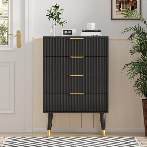 Commode 4 Tiroirs Cannelée avec Pieds en Bois, Meuble de Rangement Moderne Chambre Salon, Noir (1/5)