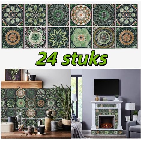 24 pezzi - Adesivi per piastrelle - Adesivi decorativi in PVC impermeabile - Adesivi murali per bagno e cucina - Adesivi murali autoadesivi - Stile mosaico - Stile marocchino - Vintage - Verde - 1515  (1/5)