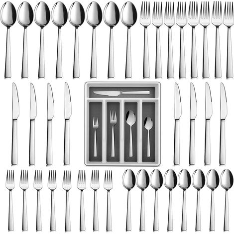 Ménagère 40 pièces avec organiseur de tiroir, couverts en acier inoxydable pour 8 personnes, vaisselle en métal avec manche carré pour la maison