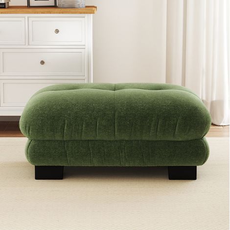 Divano modulare con pouf coordinati, cuscini effetto cloud, braccioli arrotondati, chenille vintage verde (1/5)