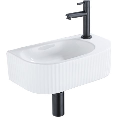 QeramiQ Blend Ensemble de lavabo - 40x21.5x12cm - droite - cannelé - demi-rond - 1 trou de robinet - céramique - robinet de lavabo noir mat - bouchon (1/5)