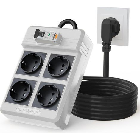 Multiprise avec disjoncteur FI intégré, 4 prises RCD avec interrupteur FI/LS 16 A/250 V, 3680 W, avec rallonge de 3 m et disjoncteur RCBO 30 mA (blanc) (1/5)