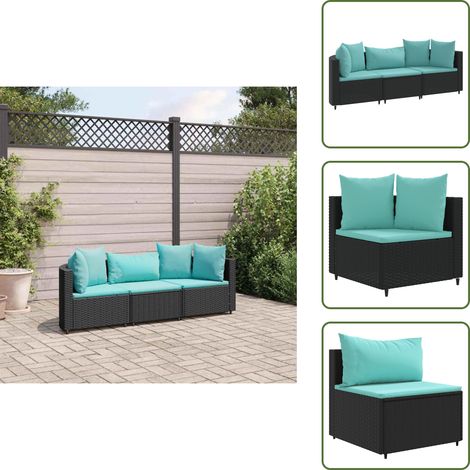 3-tlg. Garten-Sofagarnitur mit Kissen Schwarz Poly Rattan - Gartenmöbel - Outdoor Möbel - Loungesessel - Rattan Sessel - Gartenlounge (1/5)