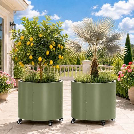 Lot de 2 bacs à arbre métalliques sur roulettes, bac rond 56×61 cm avec trous de drainage et roulettes, bac surélevé moderne pour agrumes, légumes, fleurs et aromates (1/5)
