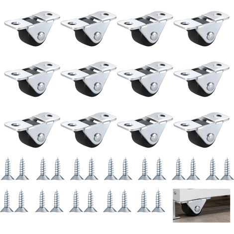 Set mit 12 kleinen 12-mm-Gummimöbelrollen, Minirollen mit 24 Schrauben und Stahlplatte, geräuscharme Möbelrollen für Schränke, Kleingeräte und Werkzeugkästen
