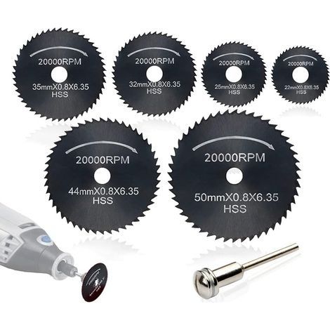 7pc HSS lames de scie outil rotatif, (Acier de nitruration) circulaire Disques de lame de scie, (disque à tronçonner en bois) pour Outil rotatif Mandrin avec tige d'extension 1/8"(3.175mm) (1/5)