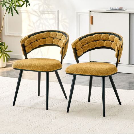 Set de 2 sillas de comedor de terciopelo amarillo con estructura de metal negro, respaldo envolvente moderno (1/5)