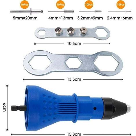 Pistolet à rivet pour perceuse sans fil électrique - Outil de rivetage sans fil - Adaptateur d'écrou - Avec 3 têtes convertibles + 40 rivets pop (1/3)