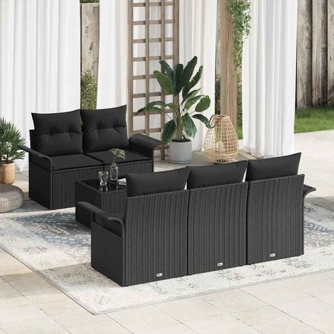 Garten-Sofa-Set 6 pcs Schwarz Poly-Rattan und Stahl und Glas