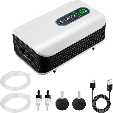 3W Pompe à Air pour Aquarium, Rechargeable Silencieuse Aérateur Réglable Pompe à Oxygène avec Deux Sorties et Pierres à Air, pour Aquarium, Pêche et Transport de Poissons (1/5)