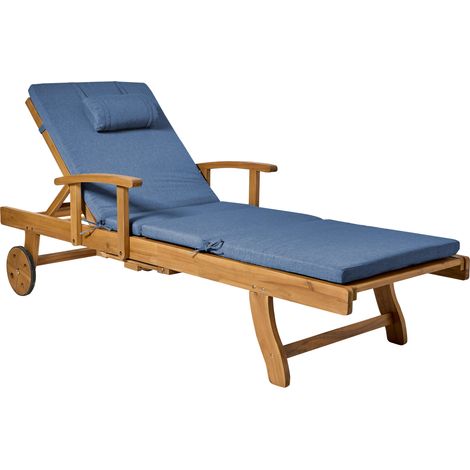 Tumbona de jardín reclinable de madera de acacia con ruedas cojín azul resistente al agua y a los rayos UV Java Premium