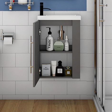Cloakroom Bathroom Sink Vanity Unit Wall Hung Compact White Basin Door Unit 440 (1/3)