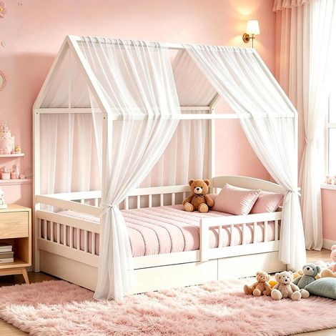 Lot de 2 ciel de lit de maison - 150 x 350 cm - Décoration de lit de maison - 100 % coton bio - Rideaux de lit respirants pour lit d'enfant - Pour filles et garçons (blanc) (1/5)