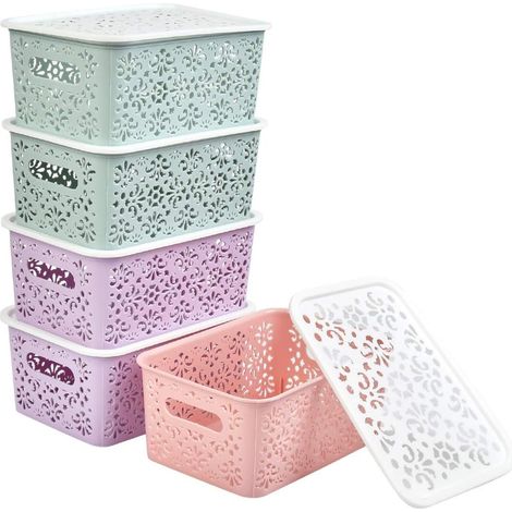 Panier de Rangement - 21 x 16.5 x 10.4 cm - Avec Couvercle et Poignée - Plastique Résistant - Pour Épices, Cuisine, Placards et Réfrigérateur - Lot de 5 (1/5)