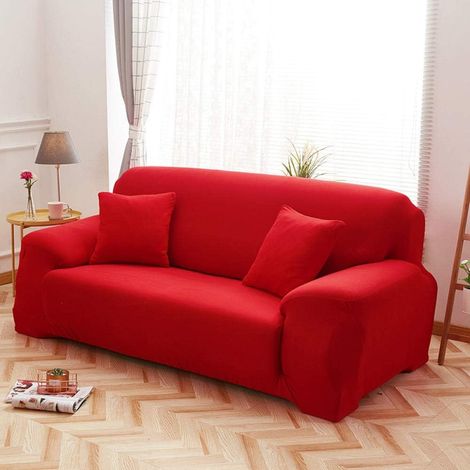 Housse Canapé 2 Places, avec Accoudoirs, Rouge Vif, Anti-Dérapante, pour Salon/Chambre (1/4)