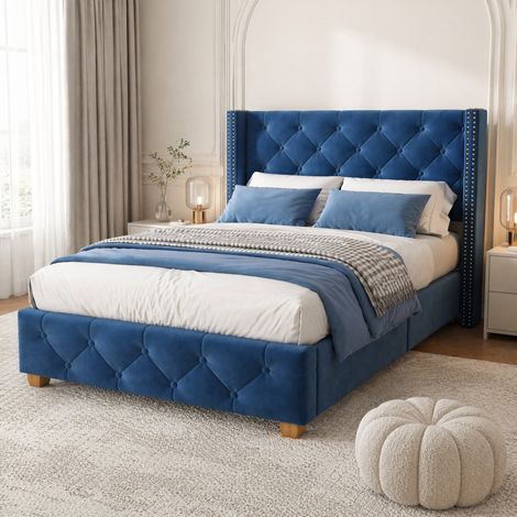 MEUBLIV Lit 90x200 cm bleu – tête de lit capitonnée, sommier à lattes, sans matelas (1/5)