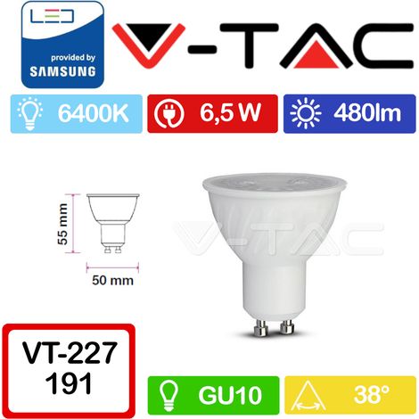 V-TAC PRO VT-227 Faretto LED GU10 con Chip Samsung 6,5W 38° Copertura trasparente Bianco freddo - 6400K (1/7)