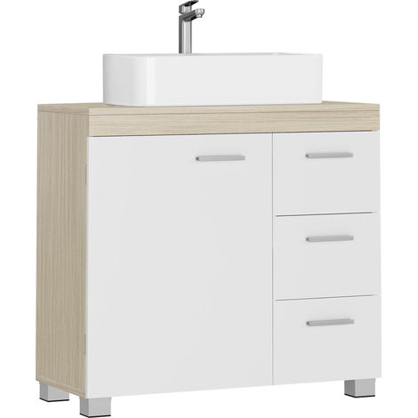 VASAGLE Mobile Sottolavabo per Bagno, Mobiletto da Bagno, 3 Cassetti Laterali, 2 Scomparti dietro l'Anta, per Lavabi con Colonna, con Piedini, 30 x 70 x 64 cm, Bianco Nuvola e Beige Naturale BBK504K01 (1/5)