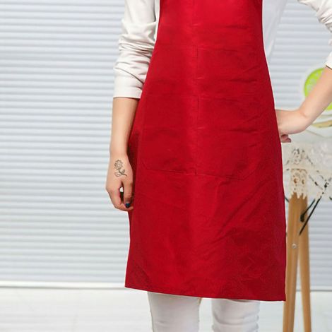 Tablier de cuisine uni, double poche, bretelles, en polyester doux, rouge jujube. (1/5)