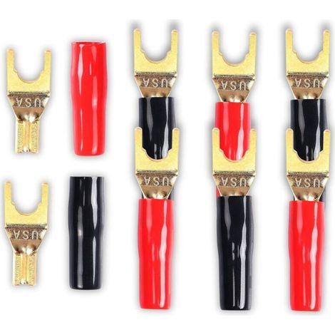 Connecteur à fourche en Y pour câble de haut-parleur, 8 pièces Fiche Y plaqué or de connecteur à fourche en Y de 45 degrés pour câble de haut-parleur de bricolage (rouge et noir) (1/4)