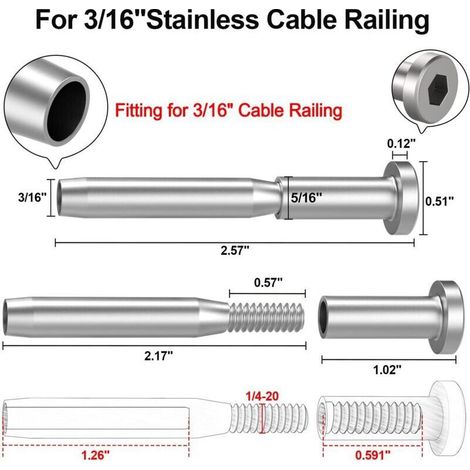 Kit di 10 cavi invisibili da 3/16", ricevitore invisibile in acciaio inox T316 e estremità filettata per cavi da 3/16", estremità filettata per scale da terrazzo, pali in legno e metallo da 2". (1/4)