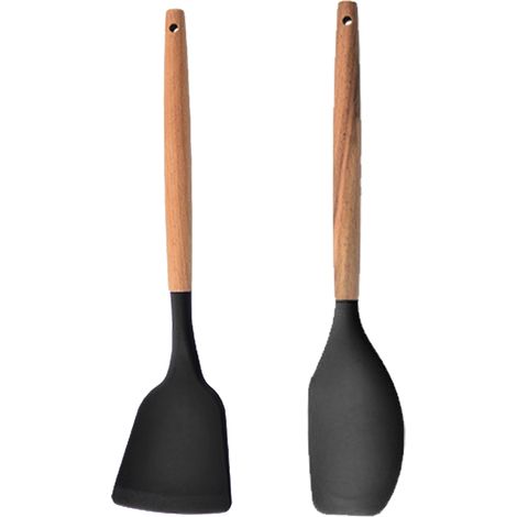 Ensemble de 2 ustensiles de cuisine en silicone avec manche en bois pour la préparation culinaire, résistants à la chaleur, pratiques et durables pour usage quotidien en cuisine (1/5)