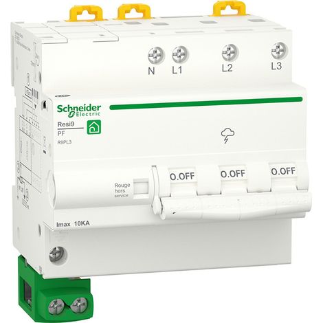Schneider Electric – Disjoncteur tripolaire 10kA – Protection contre surtensions 230/400V – Montage sur rail DIN – Câble de terre inclus