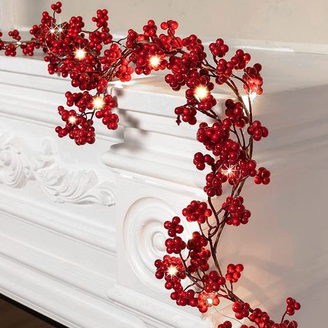 Guirlande De Noël Artificielle - Baies Rouges - 1,8 M - Avec Lumières À Piles - Pour Cheminée Escalier Et Intérieur - 1 Pièce (1/5)