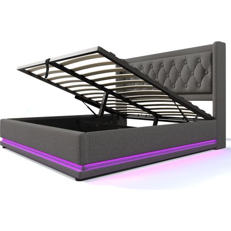 Cama con canapé 140 x 200 cm gris de algodón, cabecero USB-C y LED, con colchón, MODENUIT (1/5)