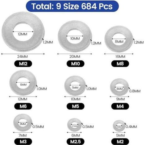 BASVII 684 Pièces Inox Rondelles Plates Metal, pour Gonds de Porte, 9 Tailles Rondelles Acier Inoxydabl 304 - M2 M2.5 M3 M4 M5 M6 M8 M10 M12 Rondelle Carrossier Inox