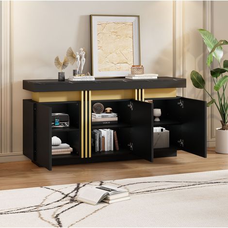 Buffet 140x38x70 cm en panneaux de bois noir, avec rangement modulable pour salon, FloraGrace (1/5)