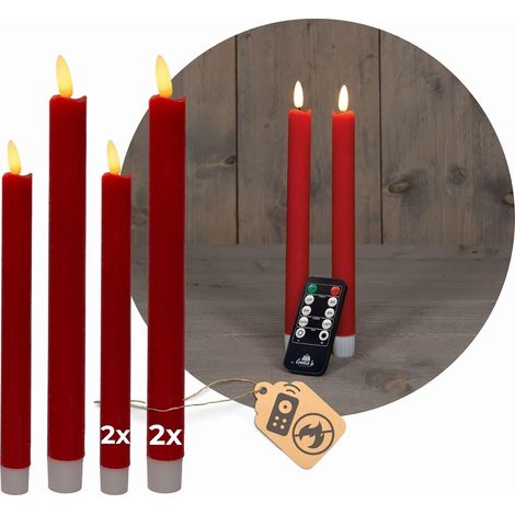 Coffret rentable bougies bâton LED avec minuterie petite + grande ROUGE 4 pièces ROUGE intérieur - 6 heures - VRAIE CIRE 18cm + 23cm hauteur pour
