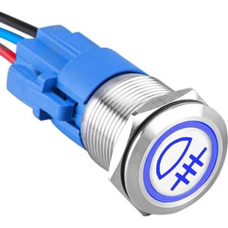 Acier Inoxydable 19mm Interrupteur à Bouton Poussoir 12V 5A Interrupteur à Bascule de Voiture Etanche Métal Commutateur avec Prise de Fil Bleu Lumière Brouillard Arrière (1/5)