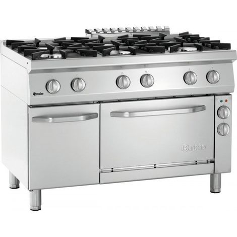 Fourneau inox à gaz 6 feux, sur four électrique 3 x GN 1/1, avec support fermé, 44 100 W, 400 V, GAZ