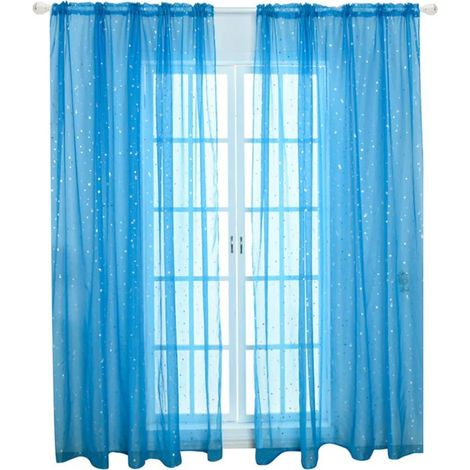 JSSEVN - 1PC - 100 200 Cm (Blue) Sheer Window Curtain, Romantic Silver Star Foil Window Treatment, Sequin Star Curtain Panel for Girl's Bedroom, Children's Room, Living Room (1/5)
