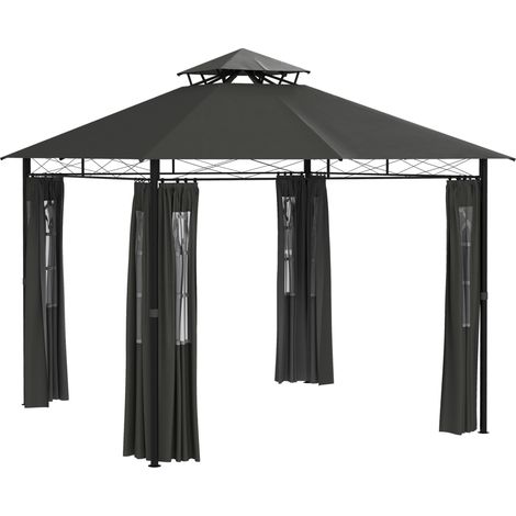 Pergola da giardino 3 x 3 m in metallo grigio scuro con parete laterale e tetto doppio (1/5)