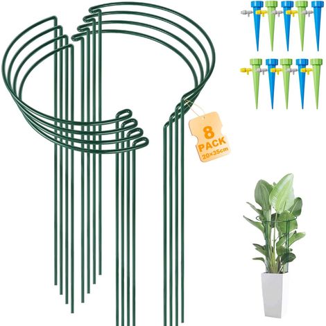 8 Pièces Tuteur Plante Métal Demi Rond, Tuteur Plante Interieur, Support Végétal avec 10 Dispositifs d'Arrosage Réglables, pour Plantes Pot, Tomates, Roses, Pivoines (20x35cm) (1/5)