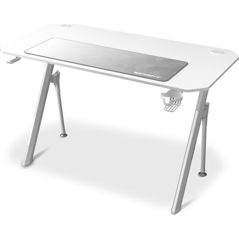 Bureau Gaming, 120x60x75cm, Tapis de Souris XL, Gestion des Câbles, Porte-gobelet et Support Casque. Supporte 100Kg, Blanc (1/5)