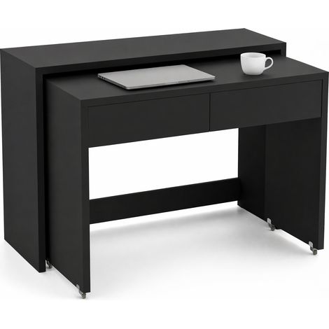 Bureau pliant 2-en-1 compact, extensible et mobile avec 2 tiroirs, roulettes freinées et panneau de particules noir, pour petit espace, gain de place  CHICFURN (1/5)