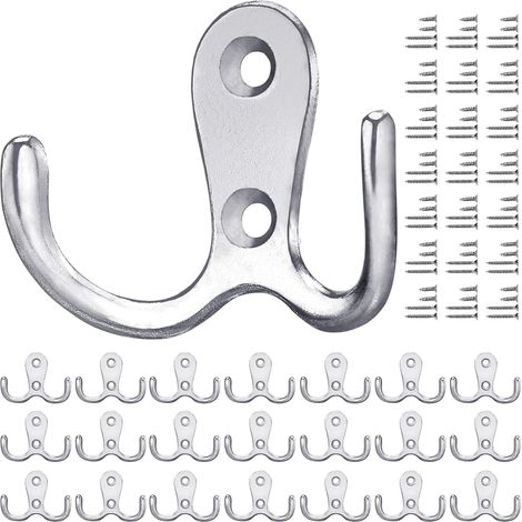 20er-Pack Vintage-Kleiderhaken aus Silber mit Metallschrauben, Doppelwandhaken für Bad und Küche (Silber)