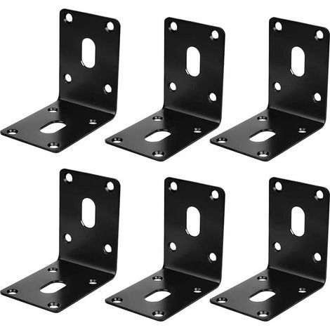 Juego de 6 escuadras de acero inoxidable, soportes en ángulo recto, soportes en forma de L, juntas de esquina de acero inoxidable, para estantes, armarios, sillas y mesas (negro). (1/5)