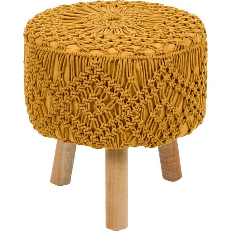 Tabouret en Coton Macramé Style Boho Fait Main Pieds en Bois 40 x 40 x 44 cm Moutarde Manzai (1/5)