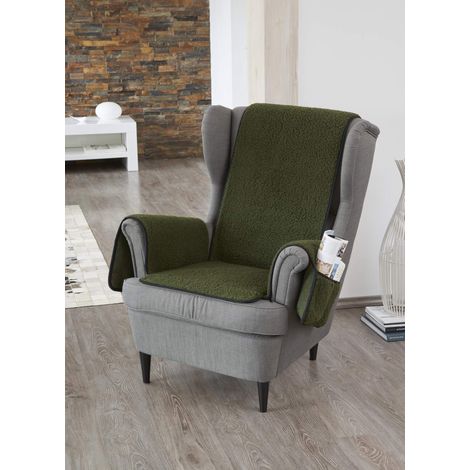 Protège Fauteuil en Laine Vierge avec protège-accoudoirs Vert Flor Laine Vierge Couche de Base : 100% Polyester, Partie Centrale 160 x 50 cm 60 x 40 cm (1/2)