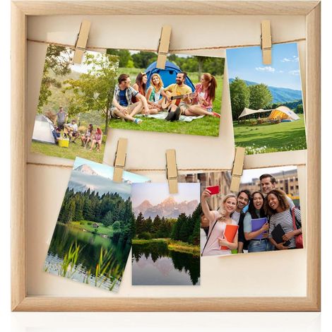 Cadre Photo Mural Pêle Mêle Photos avec Porte Photos Pinces, Cadre photo 3D à remplir en bois style bohème 32 x 32 cm avec pinces et ficelle pour la création créative de photos (1/5)