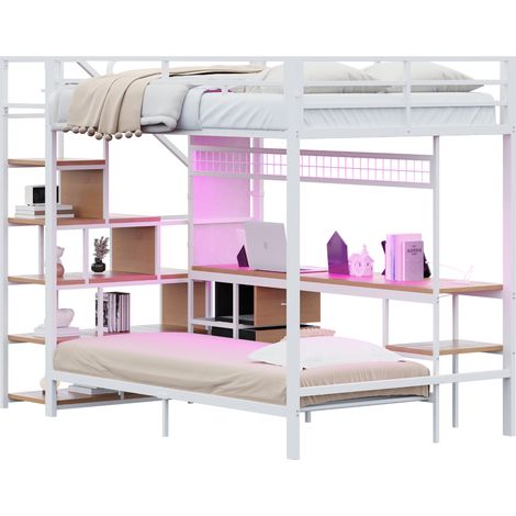 Lit mezzanine métal et MDF blanc 140x200 cm avec lit 90x200 cm, bureau LED, prises et rangements (1/5)