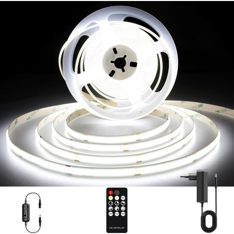 Ruban LED COB 5m 24V, Ruban LED Blanche 6000K, 320LEDs/m, Largeur 8mm, CRI90+, avec Alimentation, Télécommande RF, Bande LED pour Cuisine, Salon, Fête, Bar (1/5)